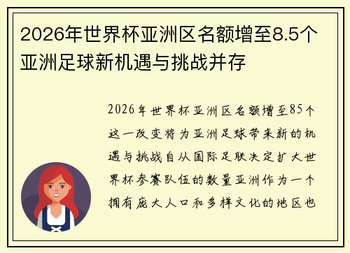 2026年世界杯亚洲区名额增至8.5个 亚洲足球新机遇与挑战并存 2026年世界杯亚洲区名额增至8.5个 亚洲足球新机遇与挑战并存