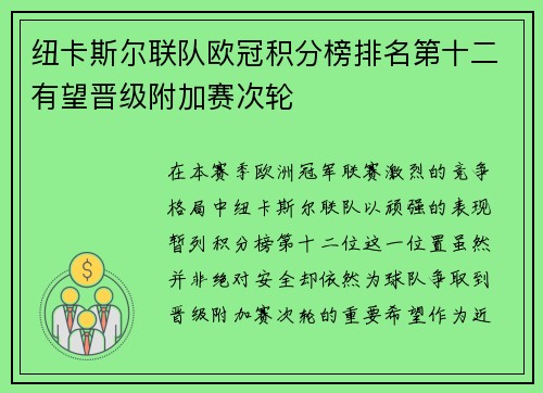 纽卡斯尔联队欧冠积分榜排名第十二有望晋级附加赛次轮